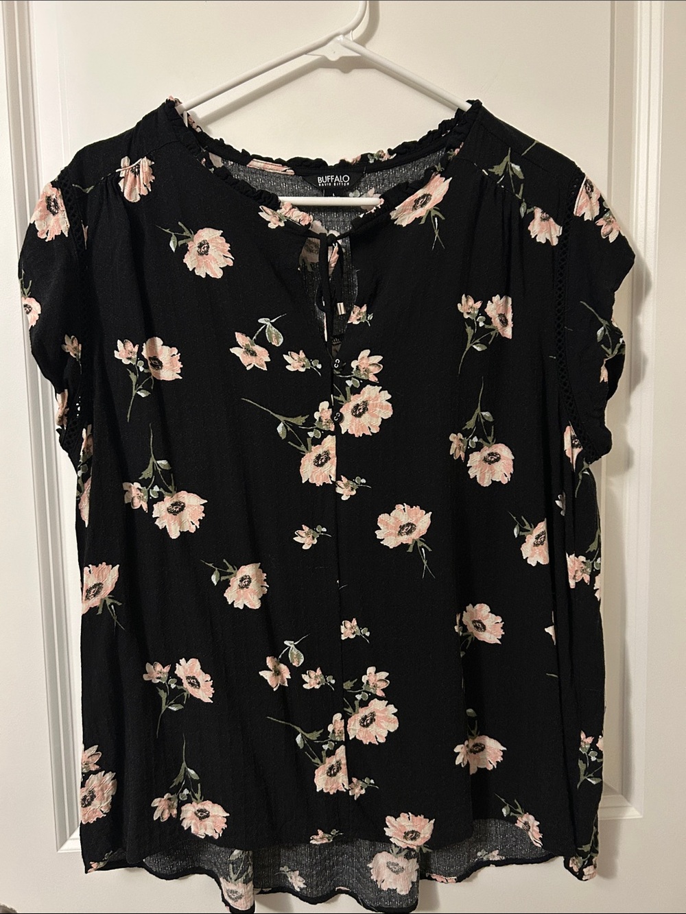 Buffalo David Bitton Black Blouse with Pink Floral Print